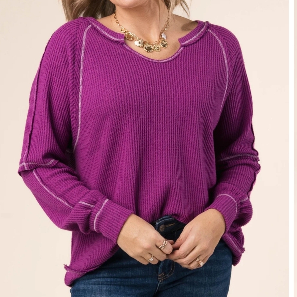 Andree By Unit Waffle Knit Reverse Stitching Pink‎ Med Top Oversized V-Neck NWT